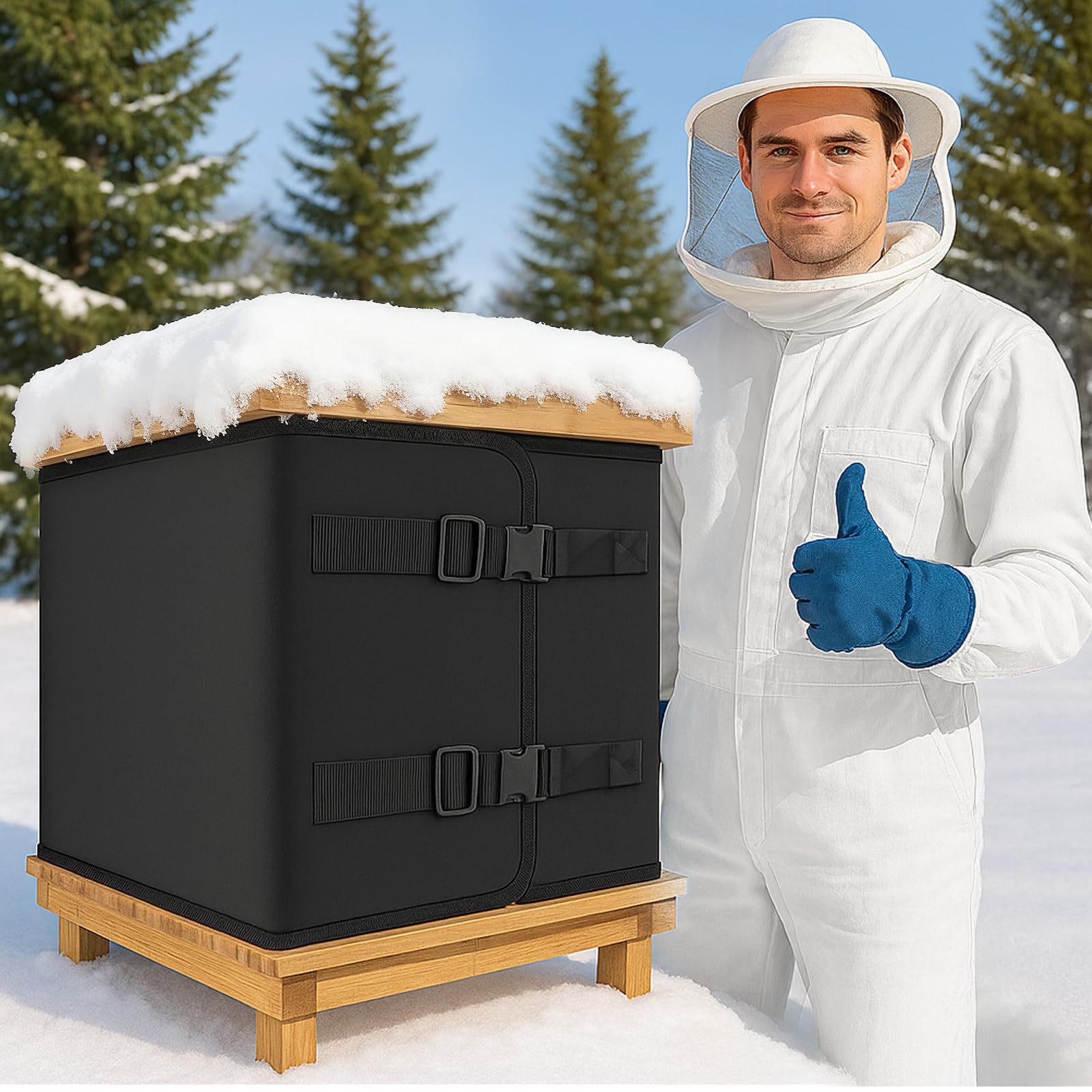 BobbleT front view of full 79x20 winter hive wrap protecting hive
