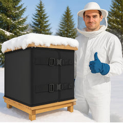 BobbleT front view of full 79x20 winter hive wrap protecting hive