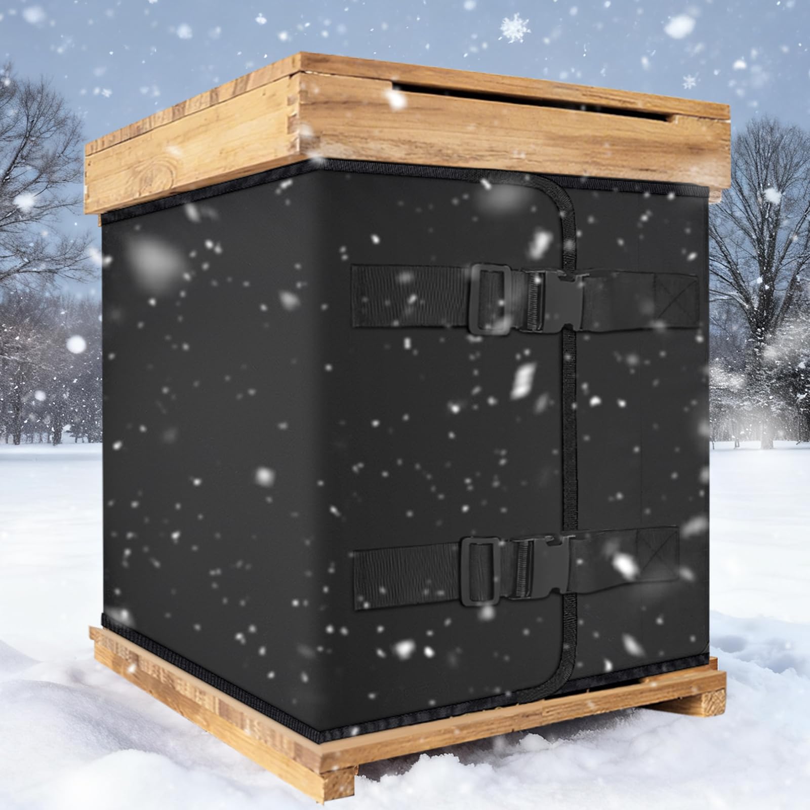 BobbleT beehive in snowy apiary demonstrating winter protection