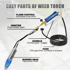 Bobillow torch flame in use clearing weeds quickly for fast outdoor cleanup