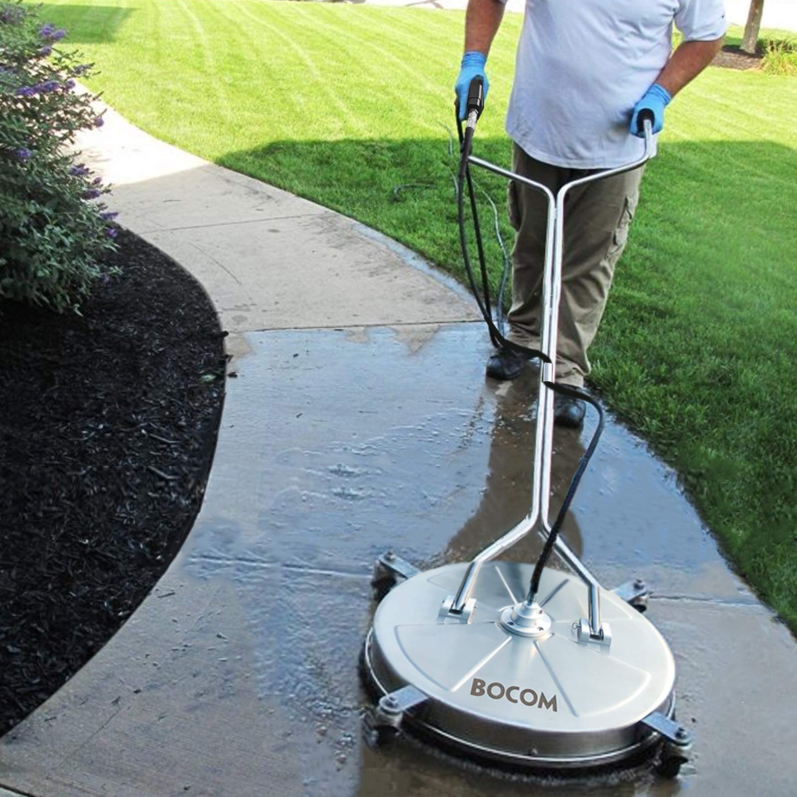 BOCOM surface cleaner in use on driveway for faster large-area cleaning