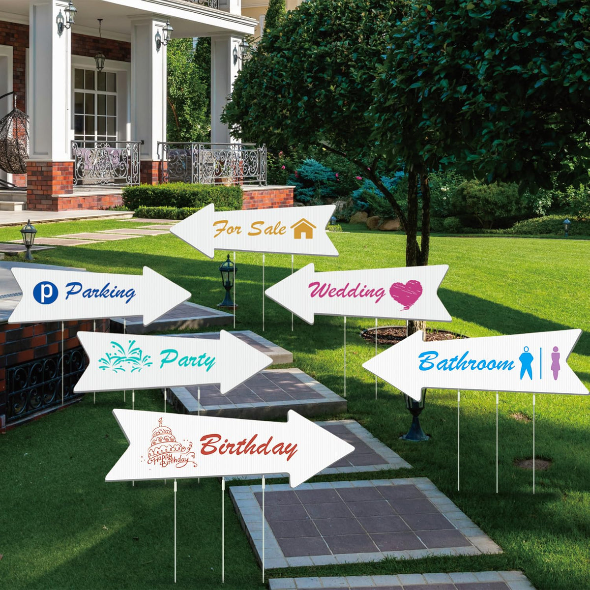 BoGlowHaven front view of 6-pack jumbo arrow signs showing clear event branding and visibility