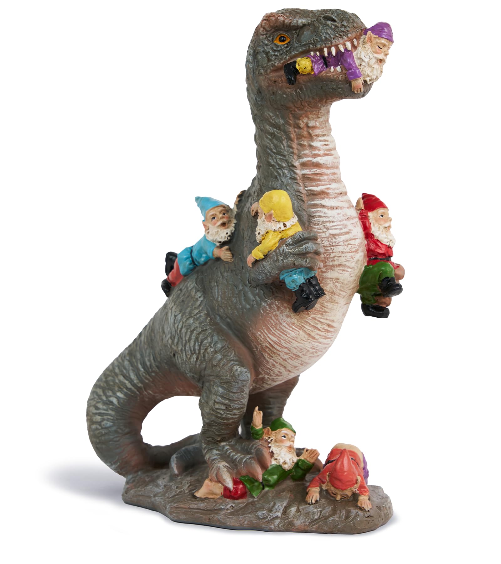 BOIHEGU front view of dinosaur eating gnomes statue, playful garden focal point