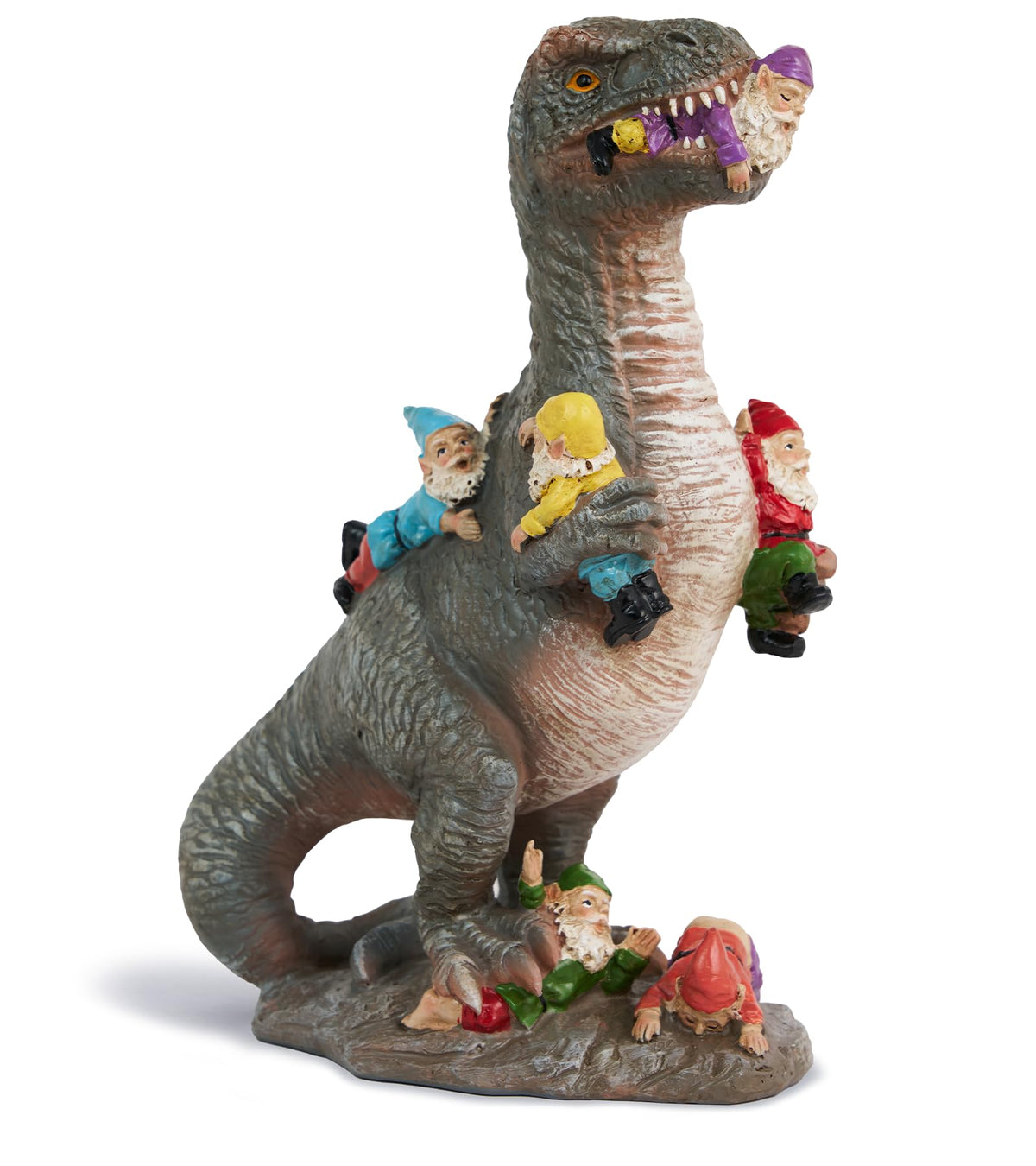 BOIHEGU front view of dinosaur eating gnomes statue, playful garden focal point