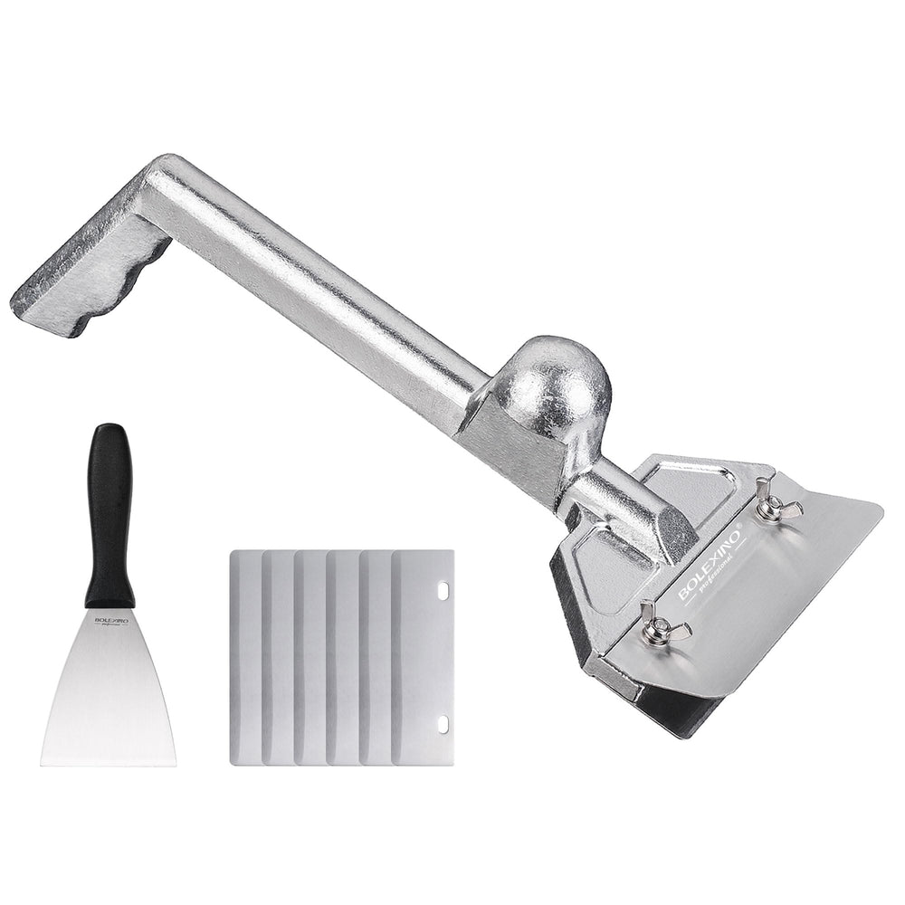BOLEXINO front view of griddle scraper showing robust build and included blades, improves cleaning speed