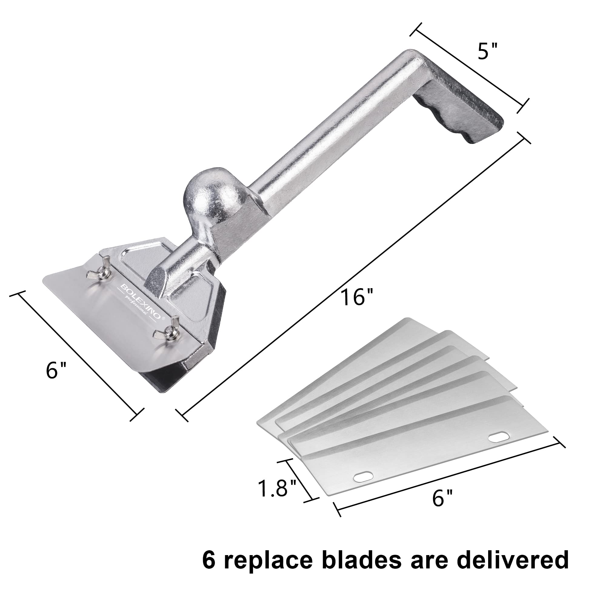 BOLEXINO scraper shown beside chef tools for scale, fits both home and commercial griddles