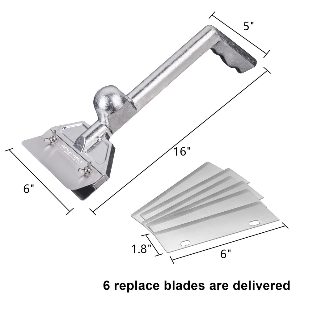 BOLEXINO scraper shown beside chef tools for scale, fits both home and commercial griddles