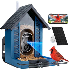 BOLITE front view of blue feeder showing camera and attractant benefits