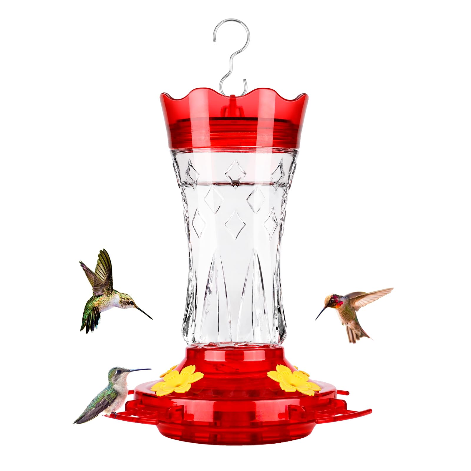 BOLITE front view red glass feeder showing bright color and decorative star attracts birds