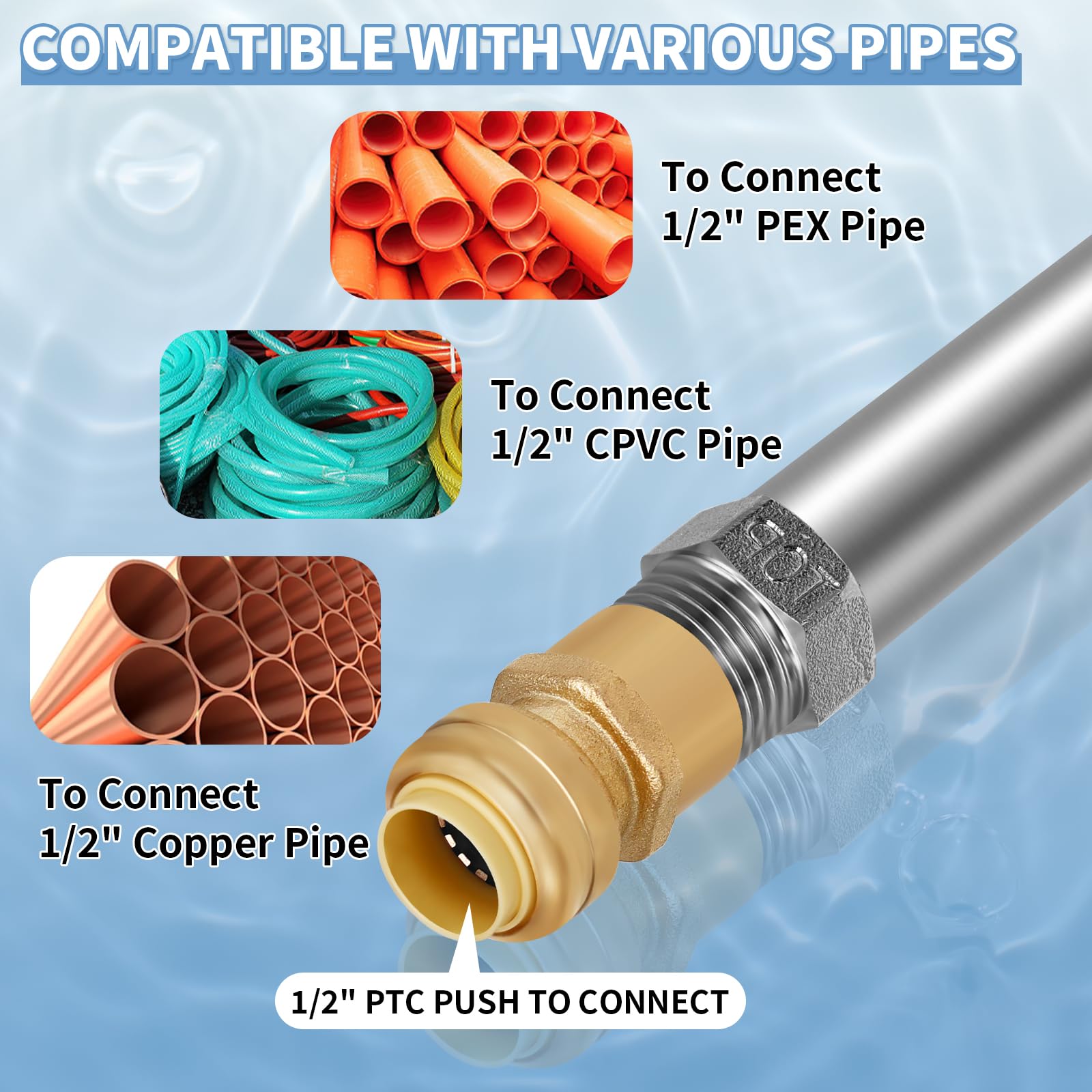 Boltigen installed with PEX pipe showing compatibility and simple push-to-fit connection