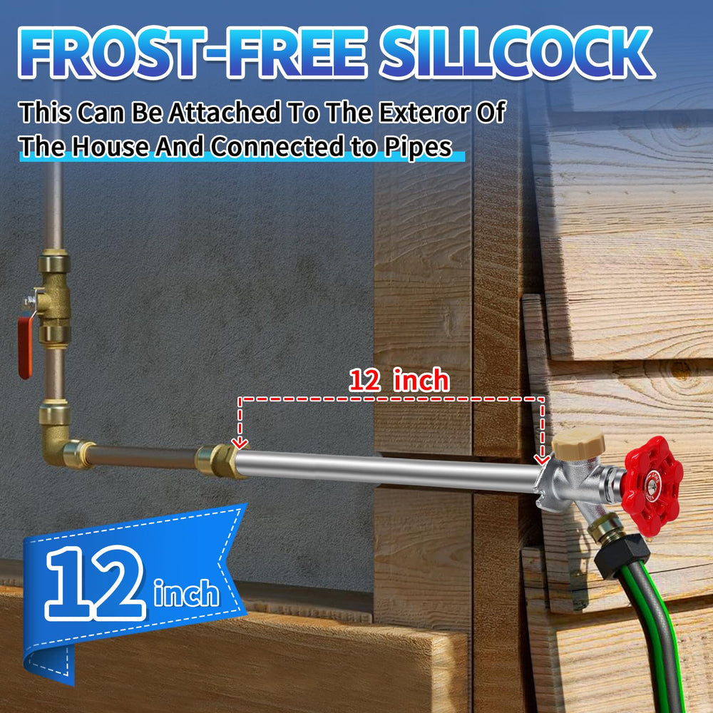 Boltigen stem length with scale indicating 12-inch reach, prevents freezing inside wall