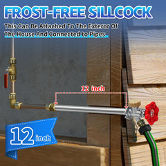 Boltigen stem length with scale indicating 12-inch reach, prevents freezing inside wall