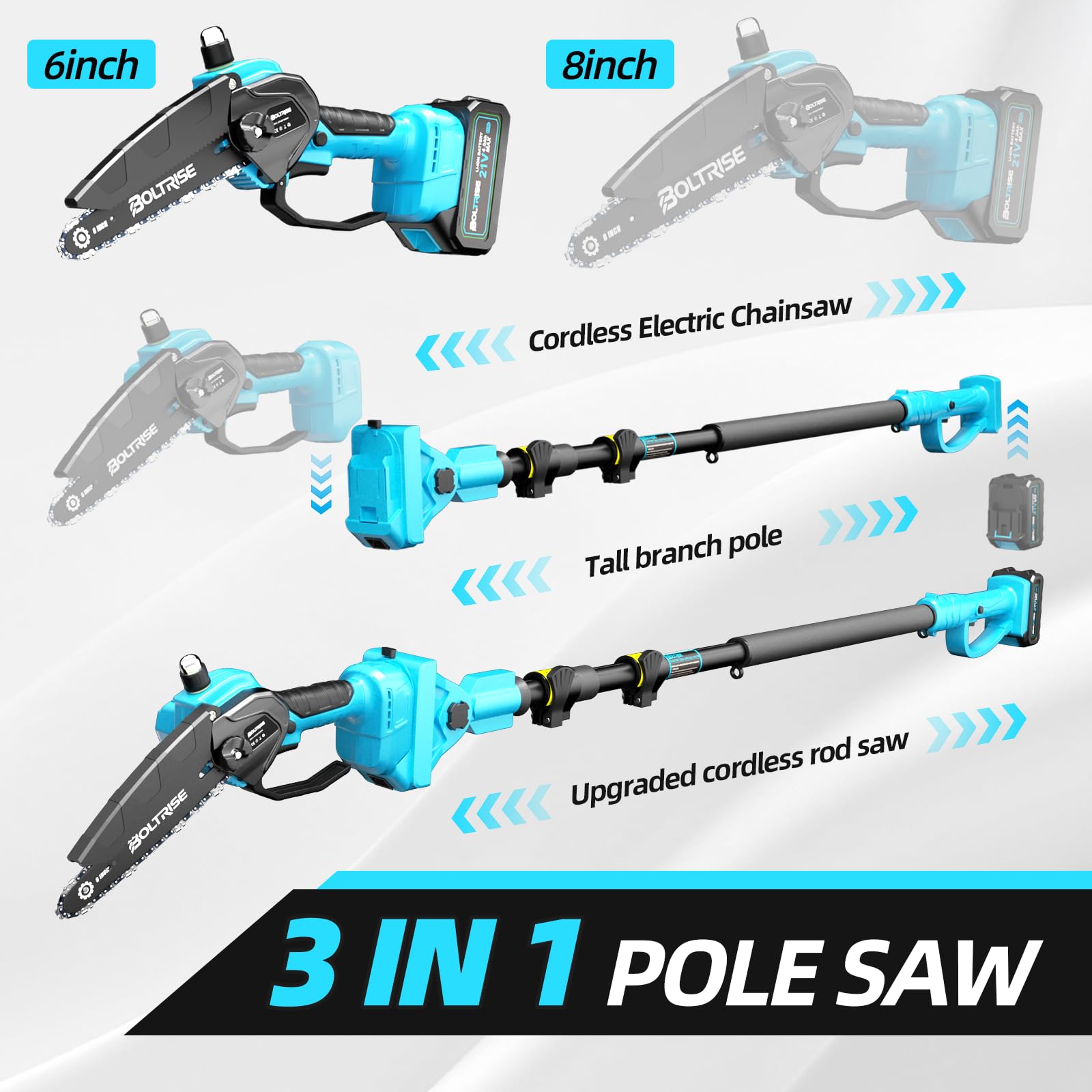 BOLTRISE 8-inch saw mounted on pole making overhead cuts for safer trimming