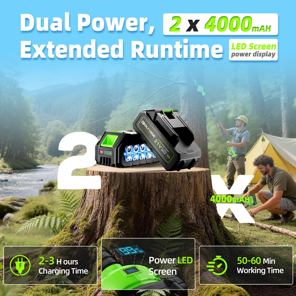 BOLTRISE dual batteries and charger showing long-run work benefit