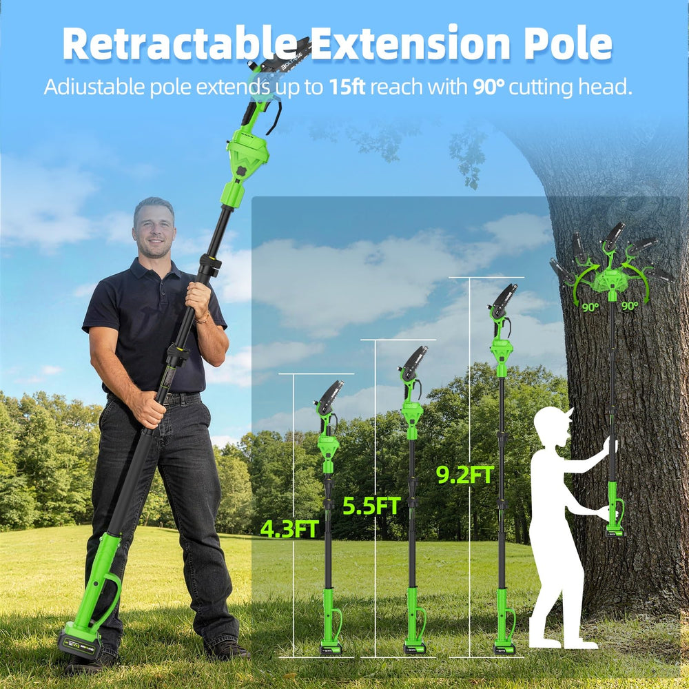 BOLTRISE in-use with pole reaching high branch showing ladder-free benefit