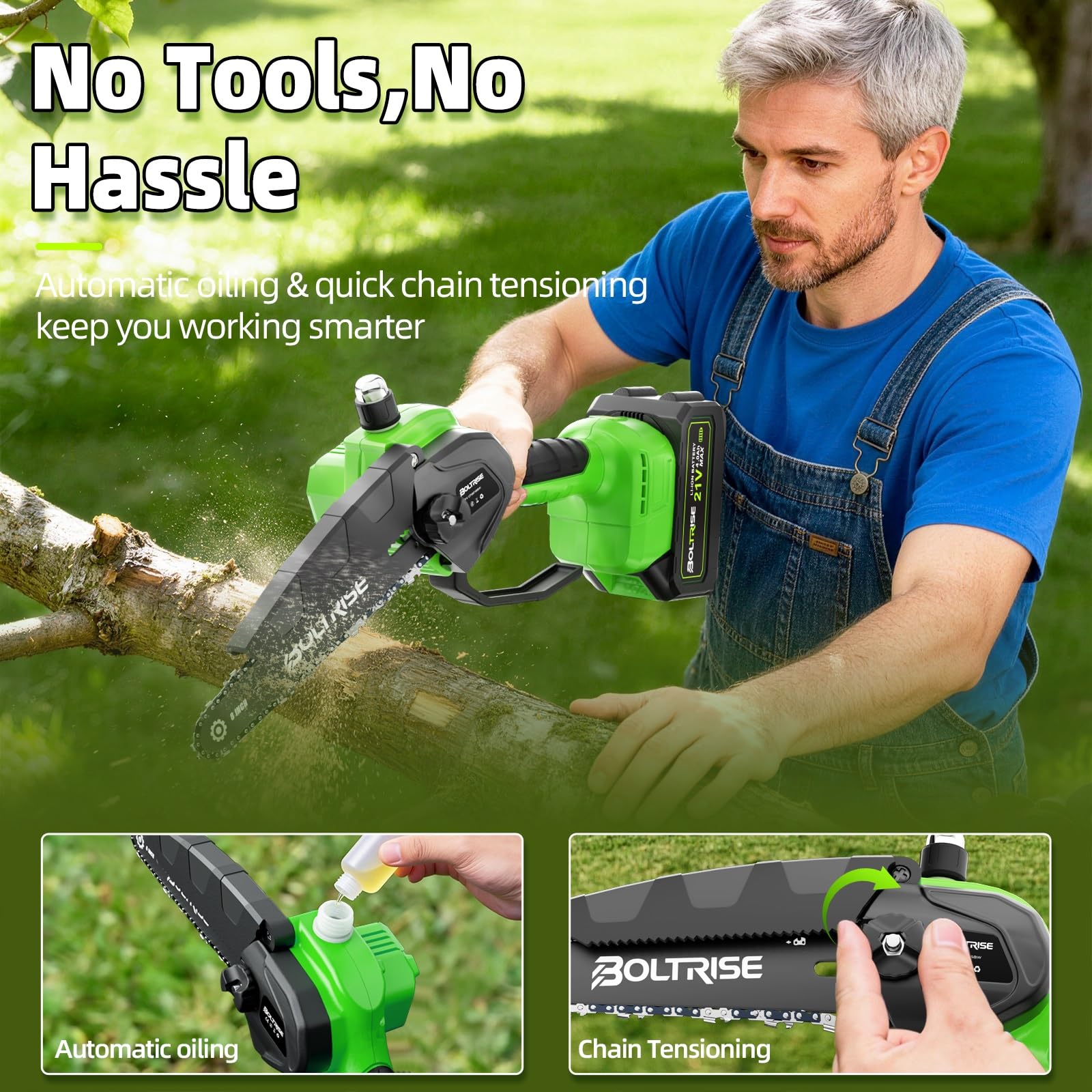 BOLTRISE lifestyle shot in yard showing practical home-maintenance benefit
