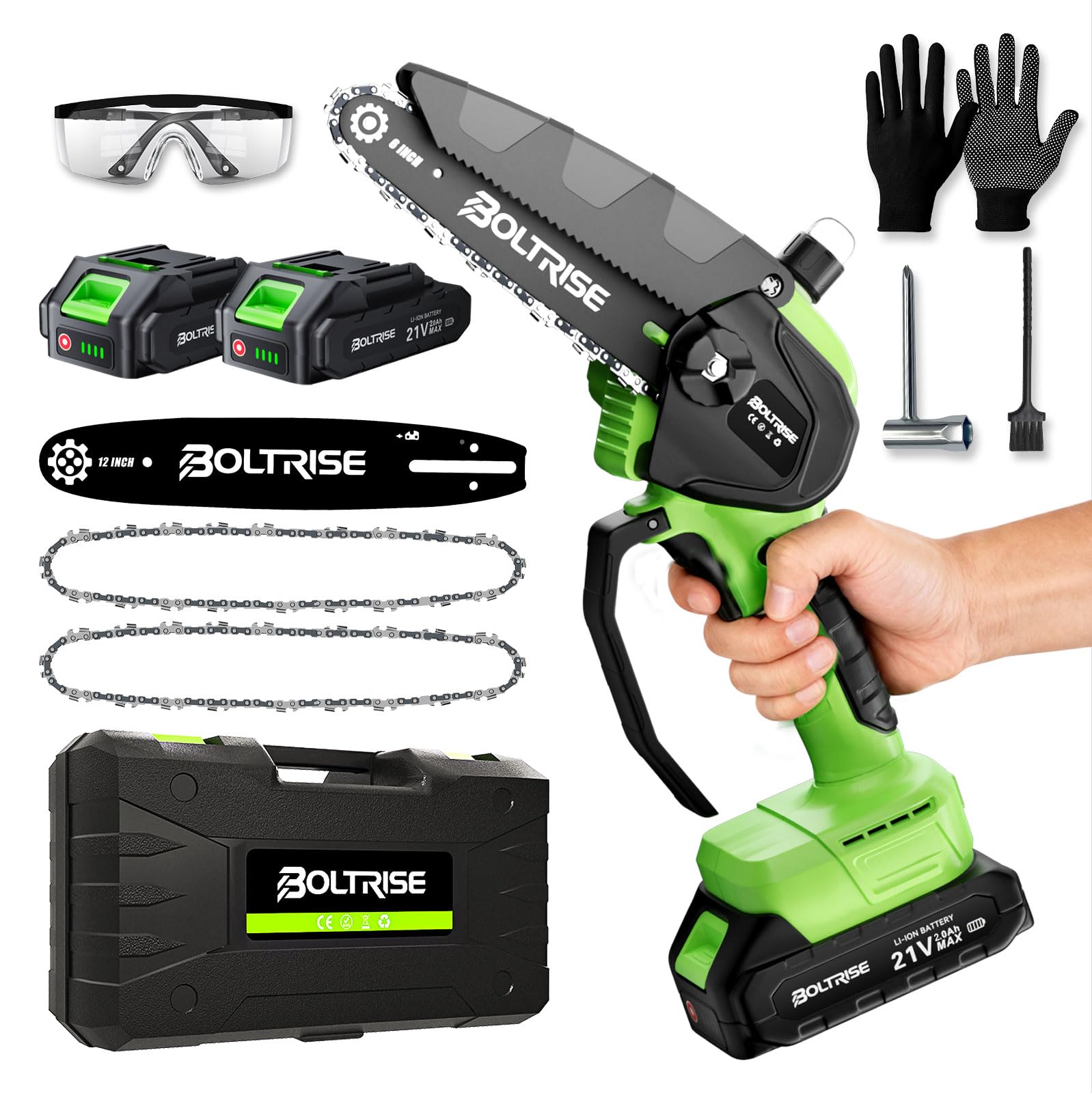 BOLTRISE mini chainsaw front view showing compact design and easy portability