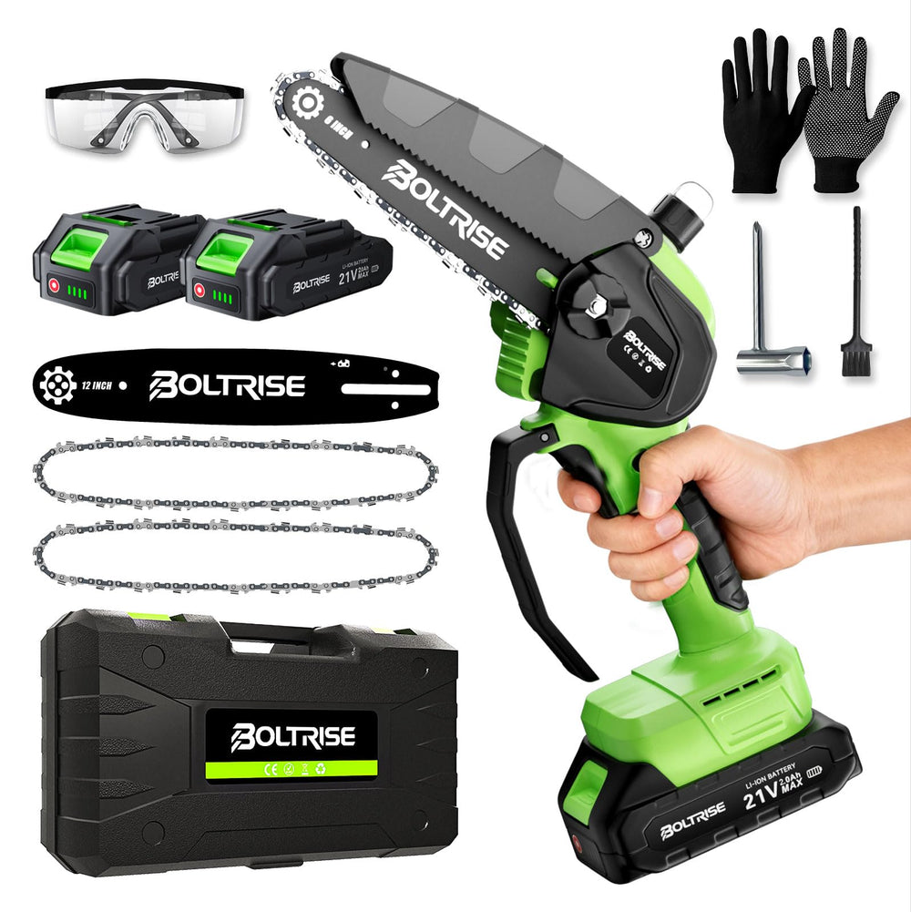 BOLTRISE mini chainsaw front view showing compact design and easy portability