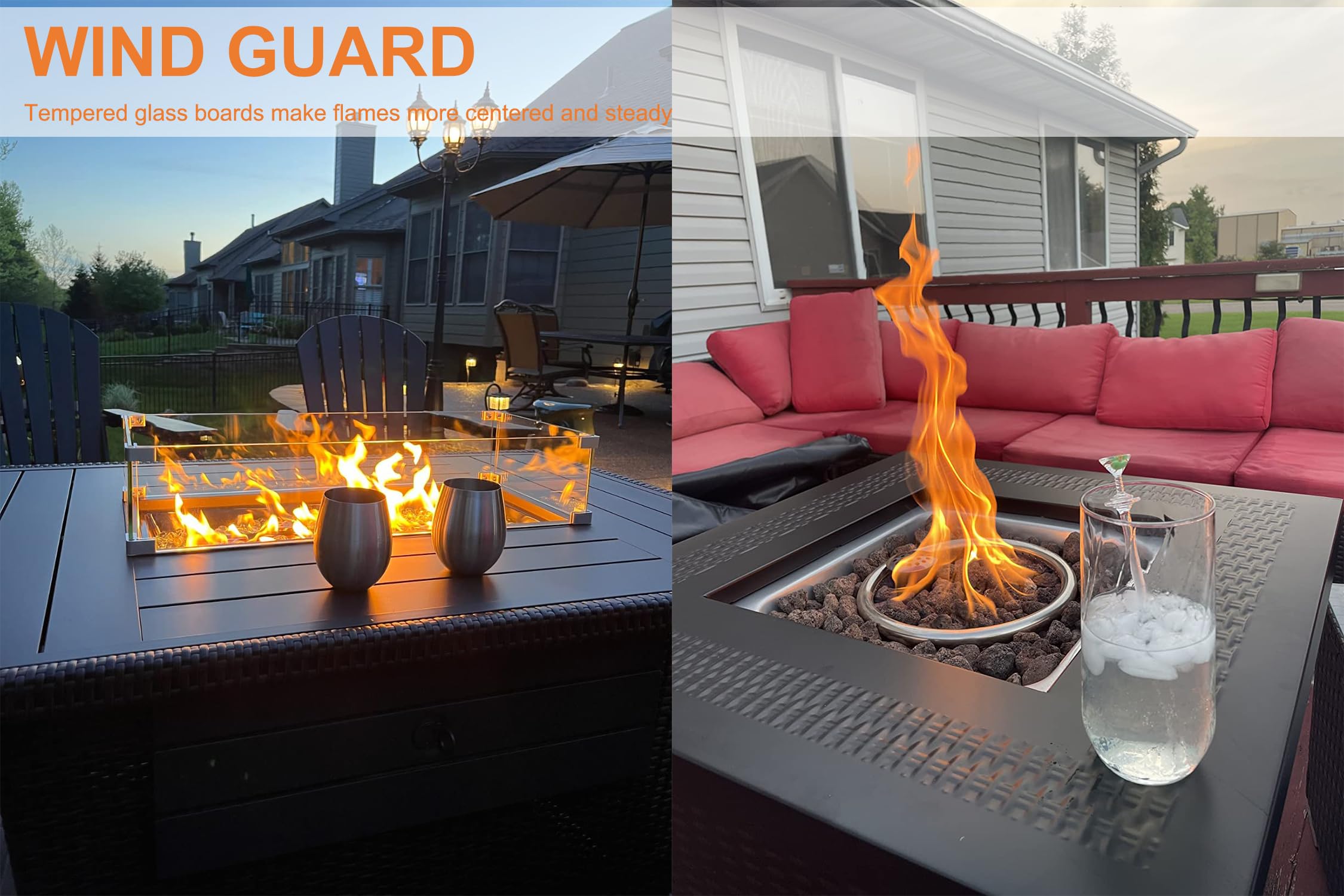 BOMINICA guard installed on gas firepit keeping flames steadier outdoors