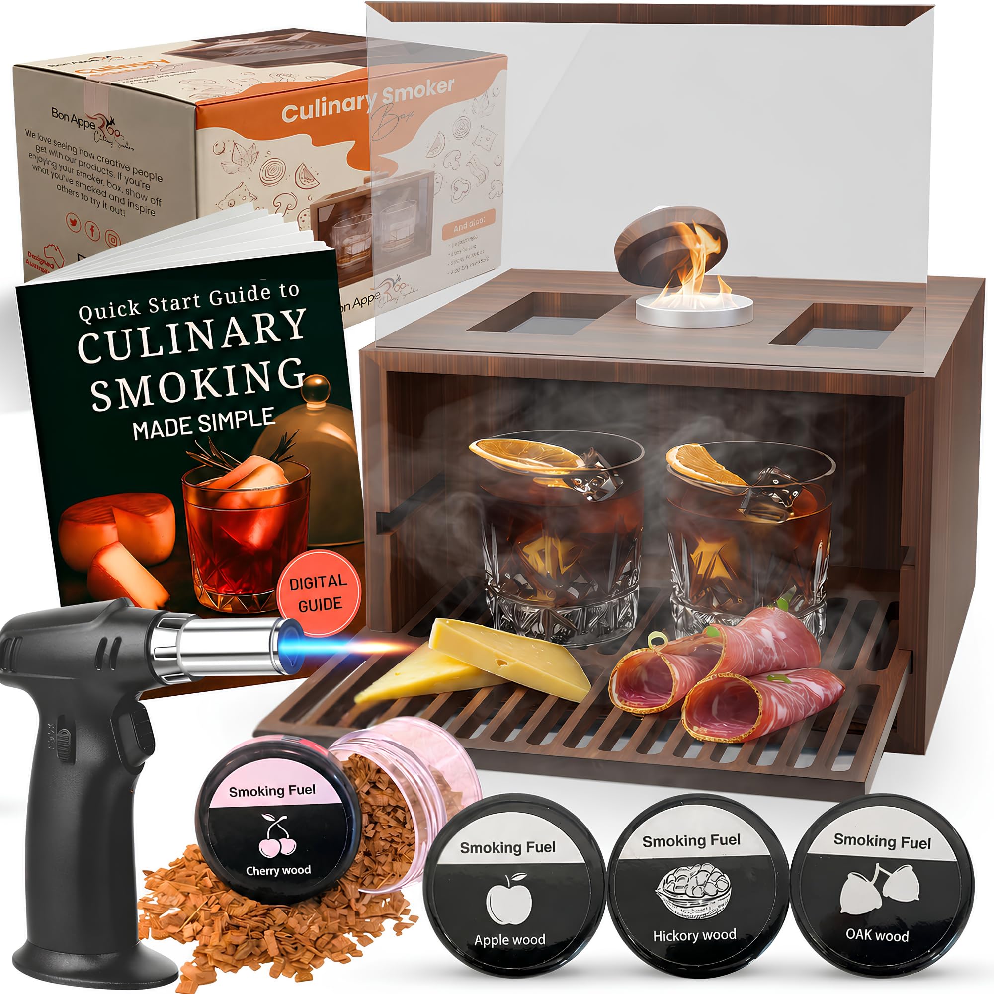 Bon Apperoo front packaging showing complete smoker kit and accessories