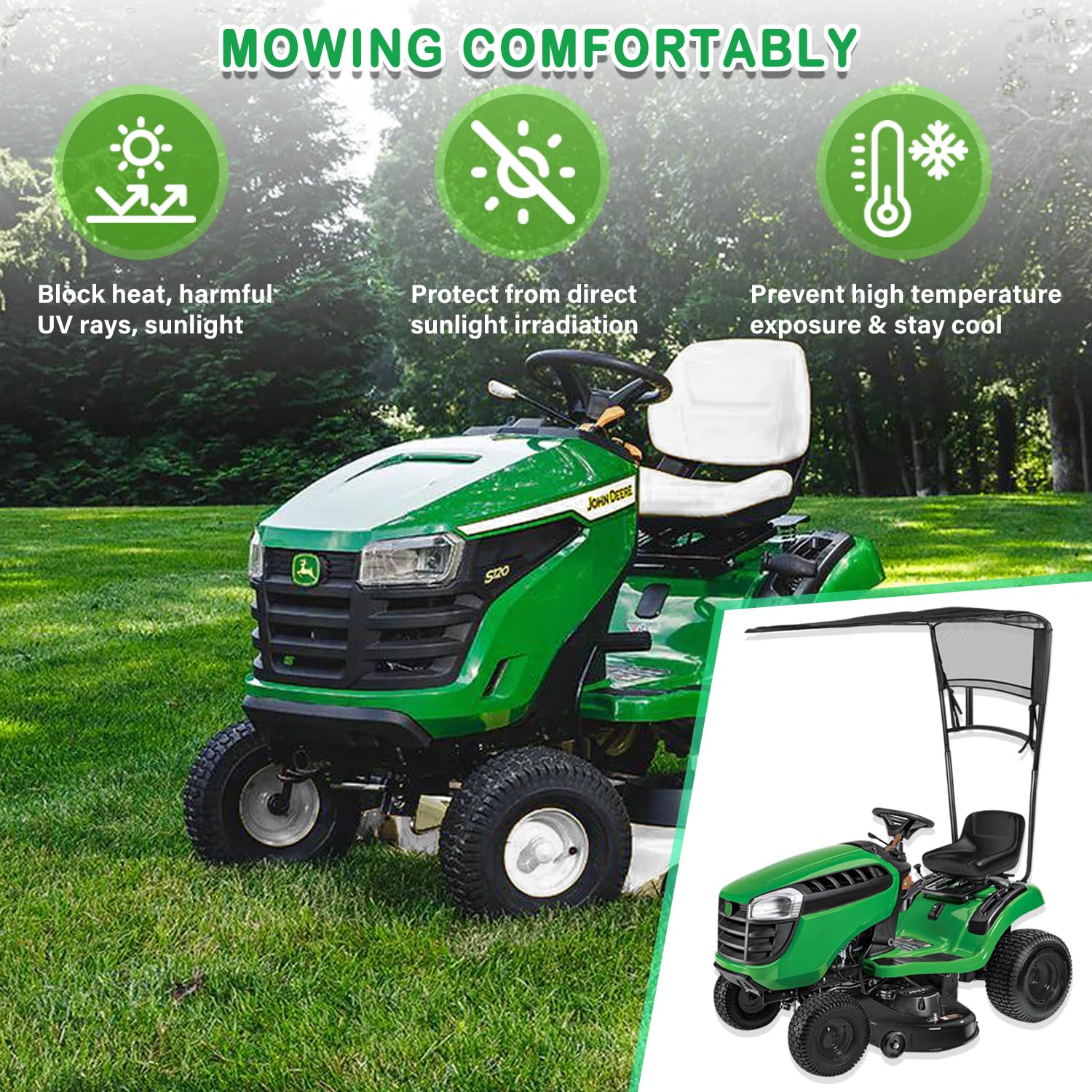 Bonbo canopy side profile on tractor providing broad sun coverage