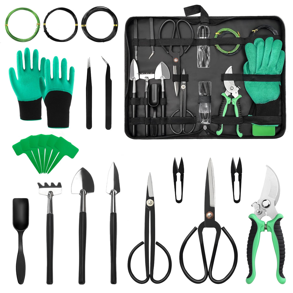 Bonfino front view of full 21-piece bonsai kit showing organized tools and case for convenience