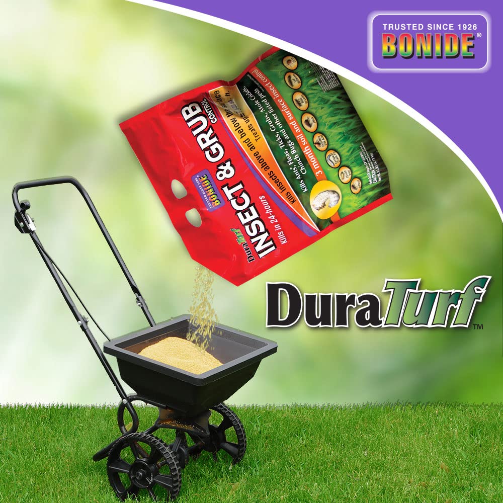 Bonide granules being spread on lawn with spreader demonstrating quick application