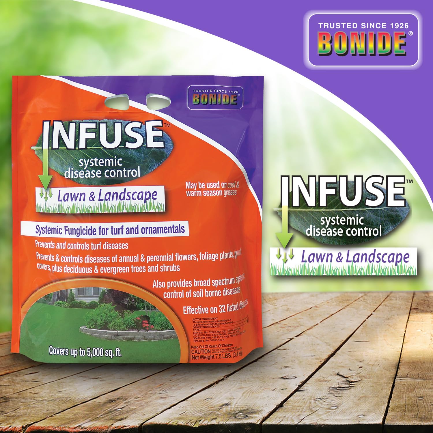 Bonide Infuse granules around shrubs showing disease protection benefit