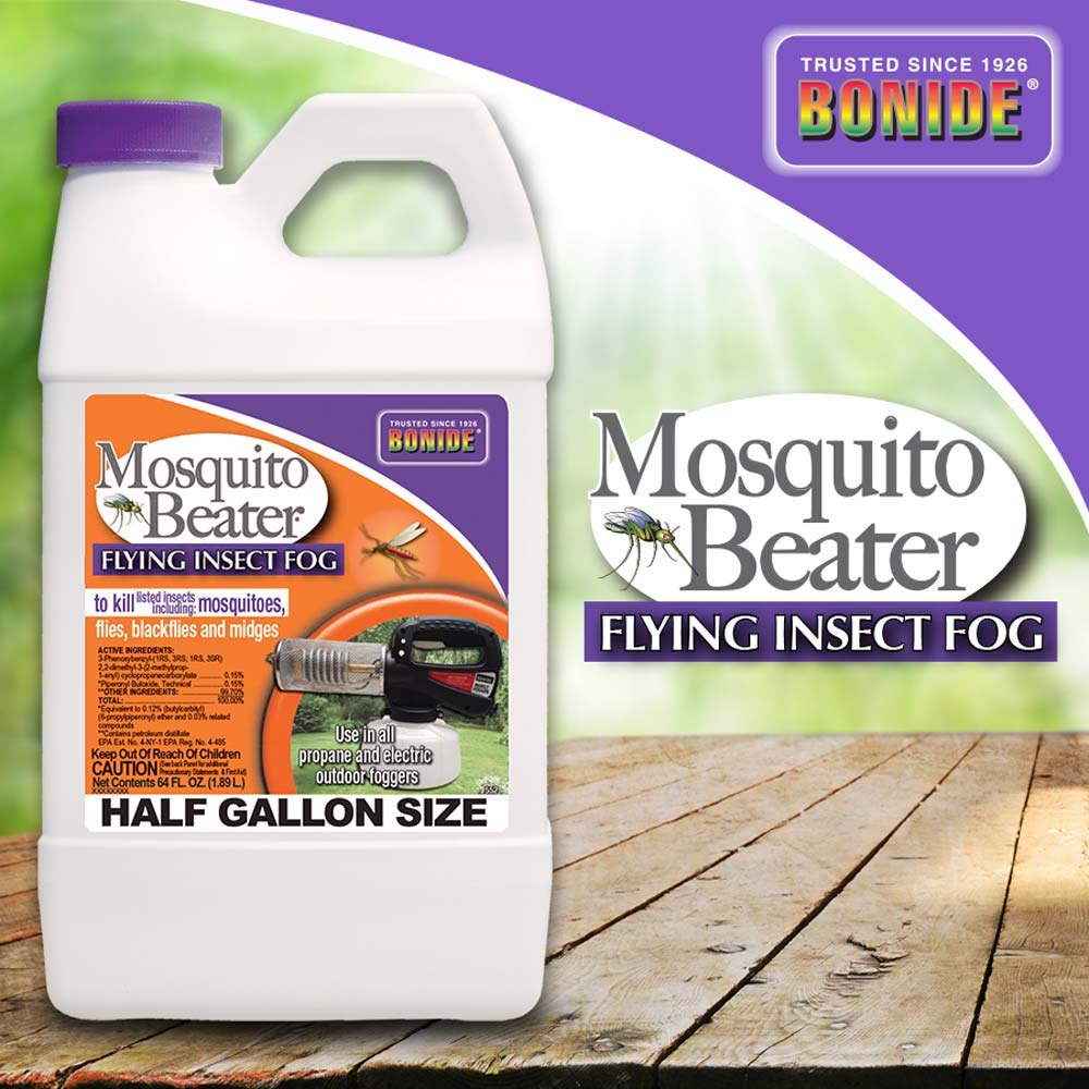 Bonide concentrate pouring into fogger nozzle demonstrating easy fill and low-odor fog
