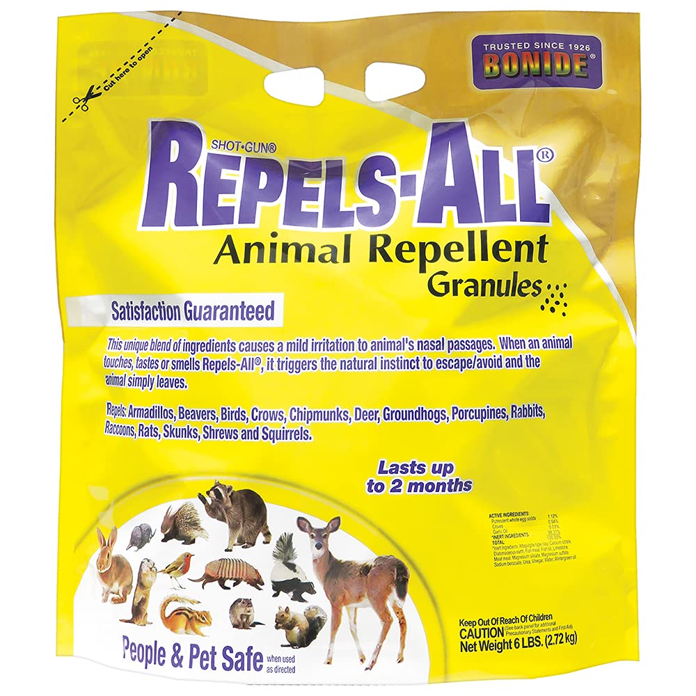 Bonide Repels-All front packaging showing 6 lb shaker and product benefit