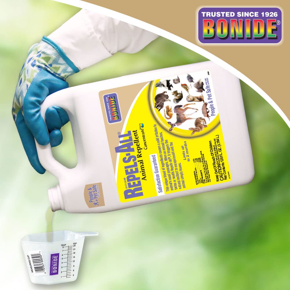 Bonide 128 oz jug next to common household items showing scale