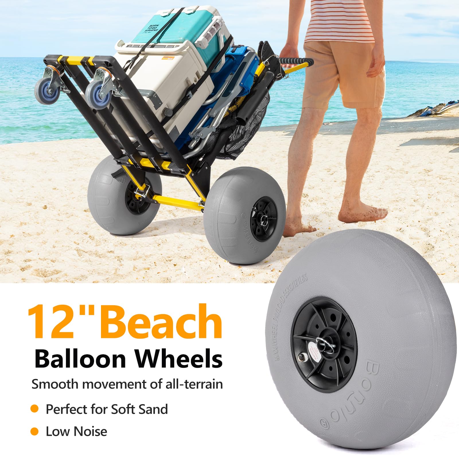 Bonnlo 12-inch balloon wheel close-up demonstrating sand mobility advantage