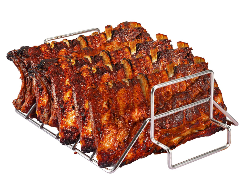 BONPAZ front view of stainless steel rib and roast rack showing shape and fit