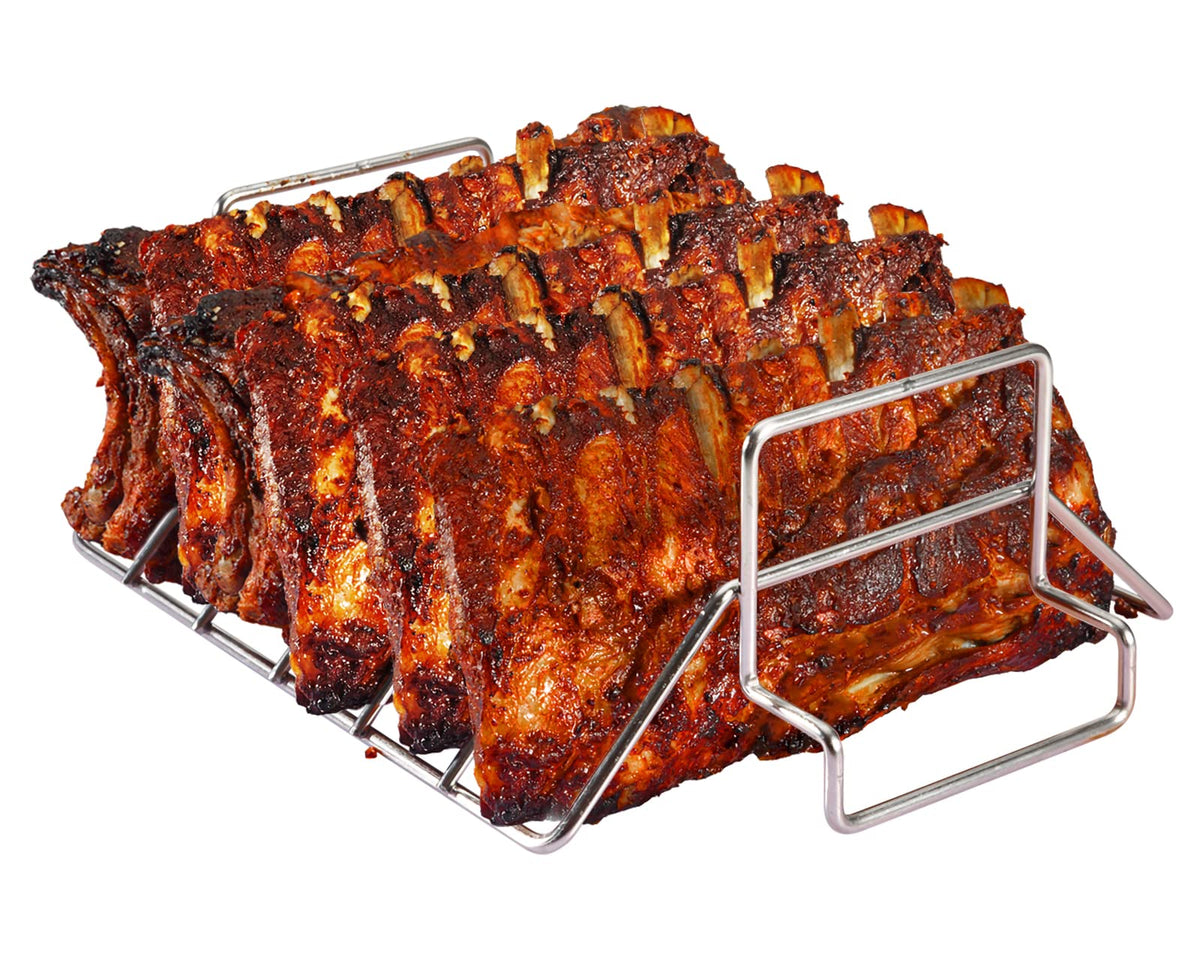 BONPAZ front view of stainless steel rib and roast rack showing shape and fit