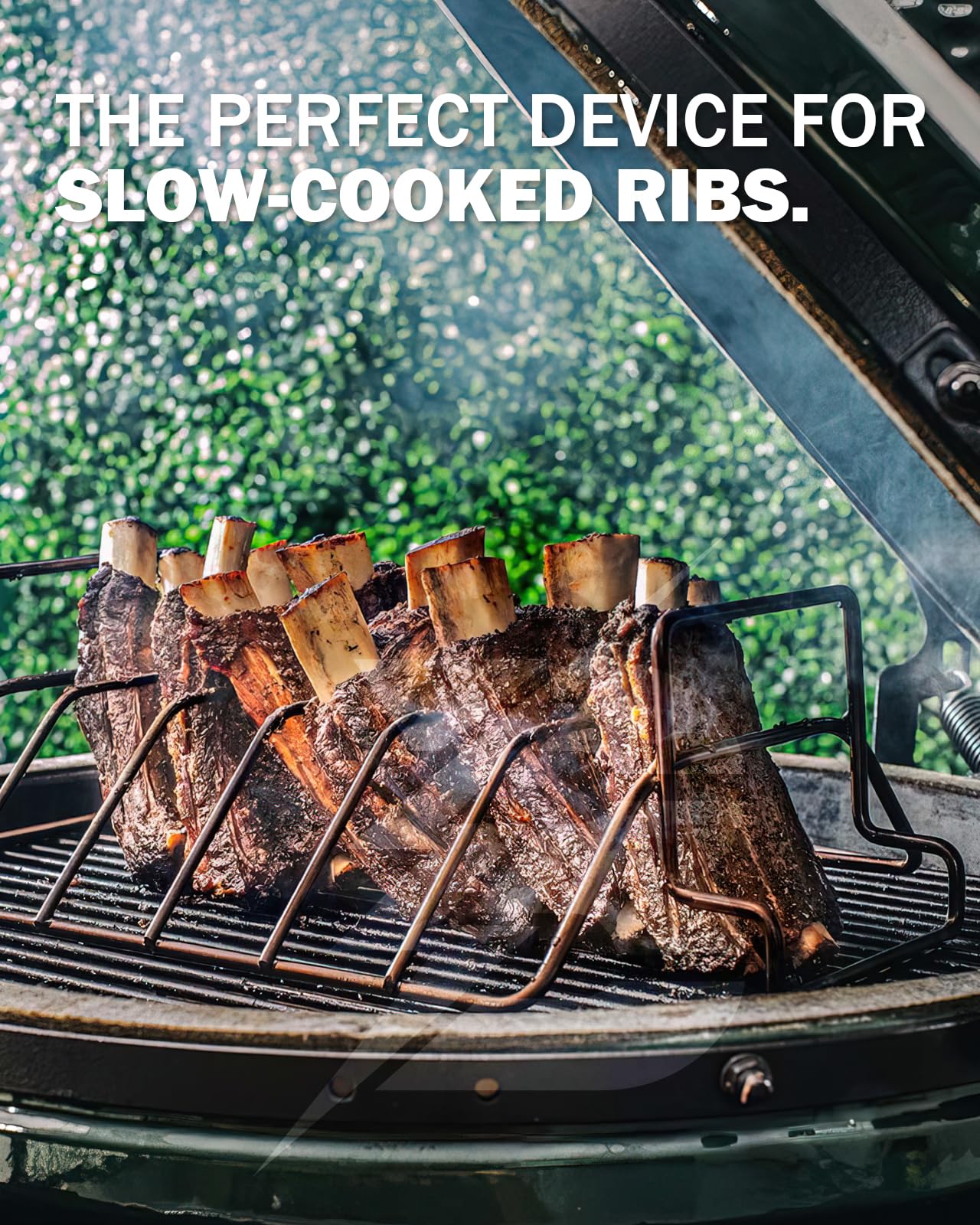 BONPAZ rack holding standing pork ribs to improve smoke exposure and even cooking