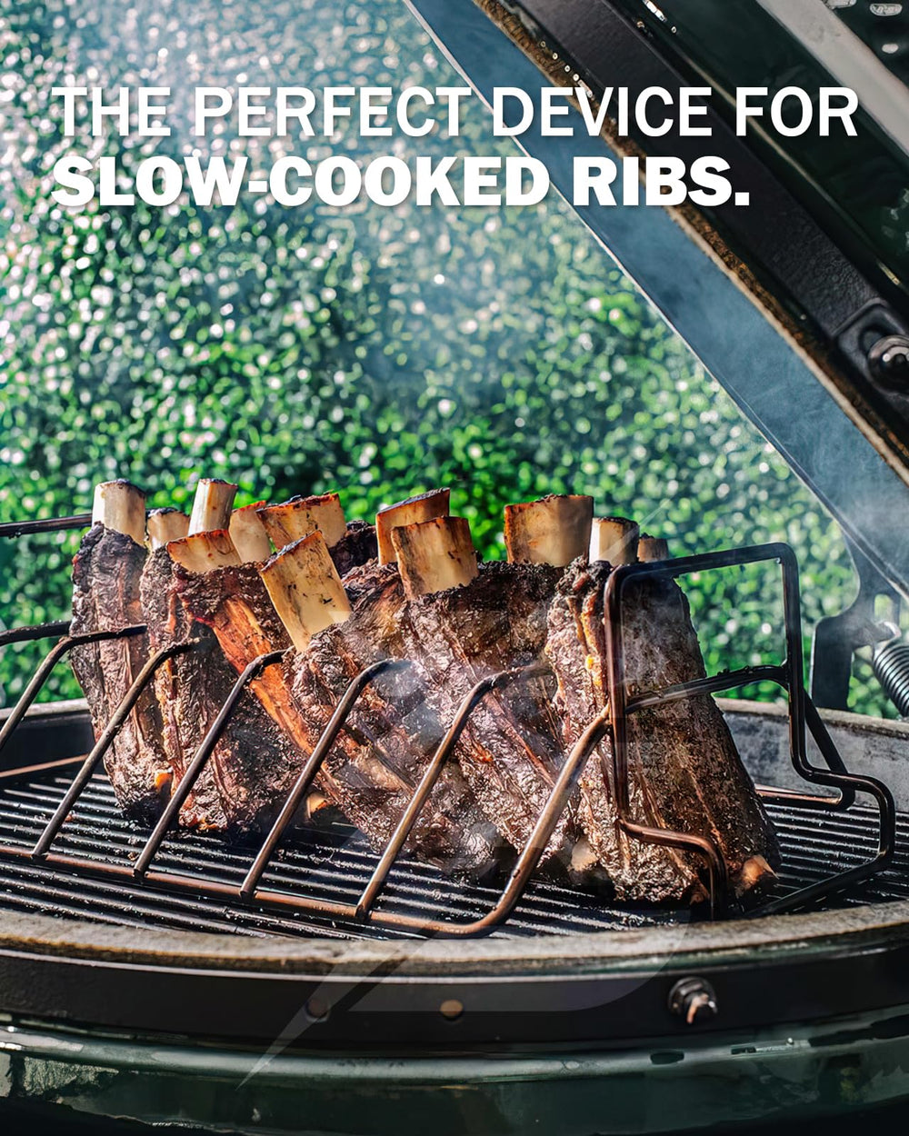 BONPAZ rack holding standing pork ribs to improve smoke exposure and even cooking