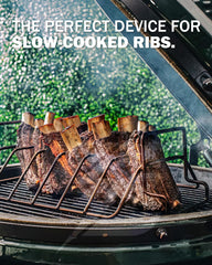 BONPAZ rack holding standing pork ribs to improve smoke exposure and even cooking