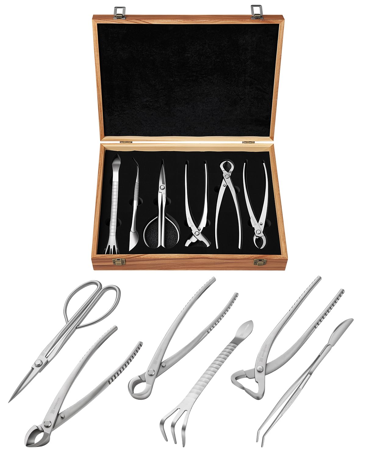 BONSYER wooden box with six stainless steel bonsai tools organized for travel and protection