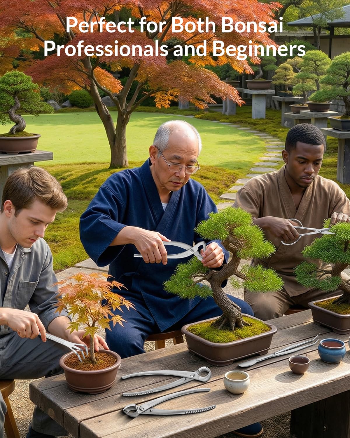 BONSYER tools on a workbench beside a bonsai tree illustrating styling and repotting workflow