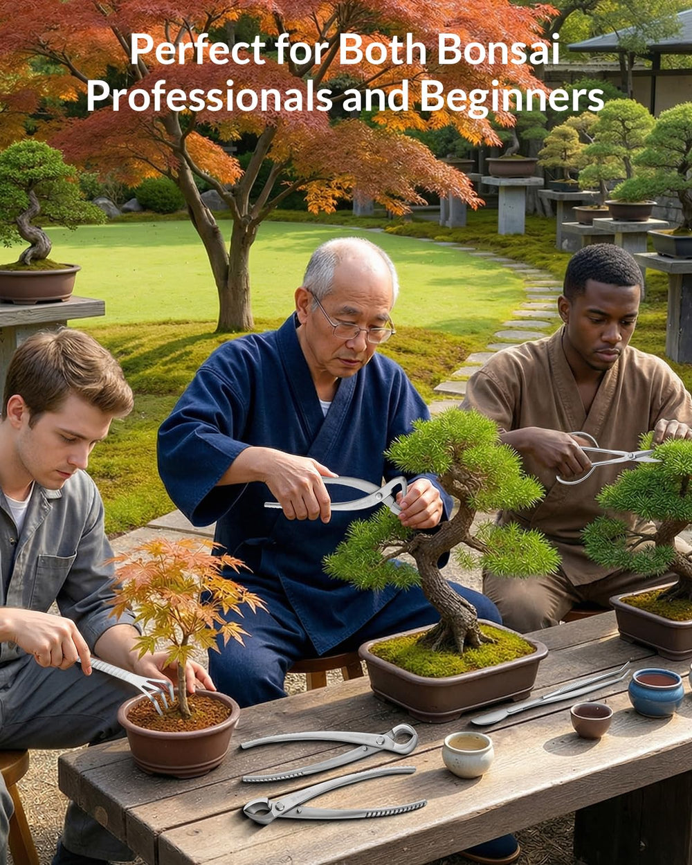 BONSYER tools on a workbench beside a bonsai tree illustrating styling and repotting workflow