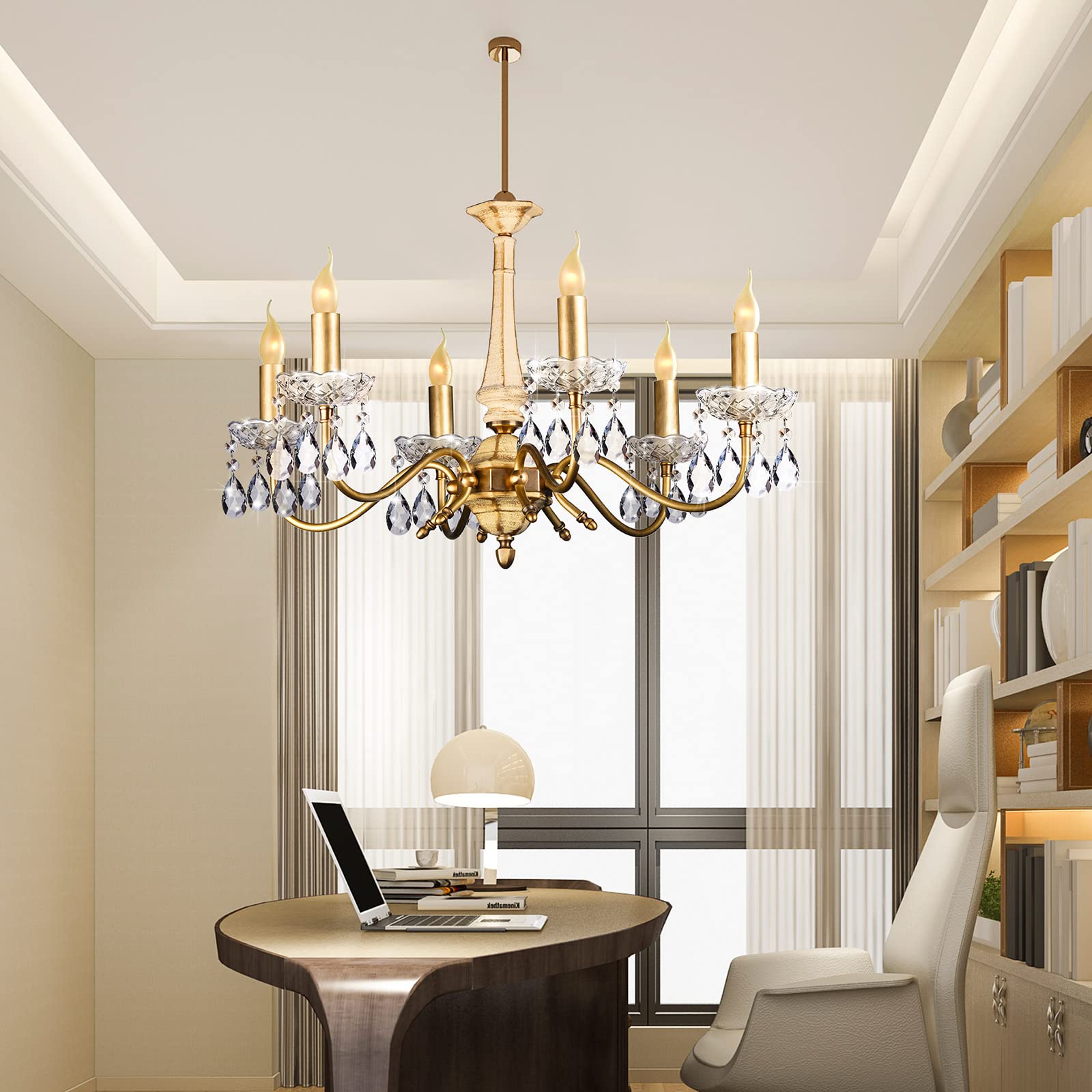 Bonuci installed on a chandelier in a dining room adding elegant sparkle