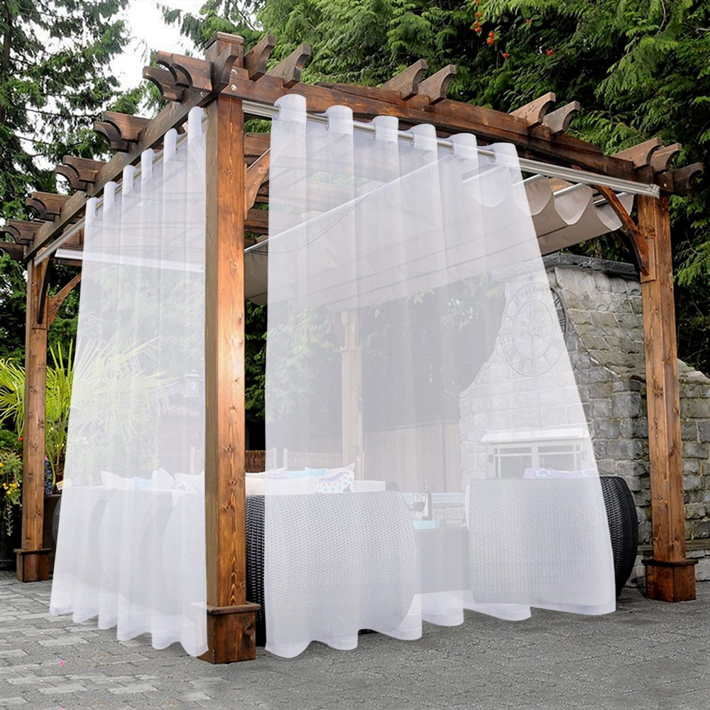 BONZER front view of white outdoor sheer panels showing elegant curb appeal