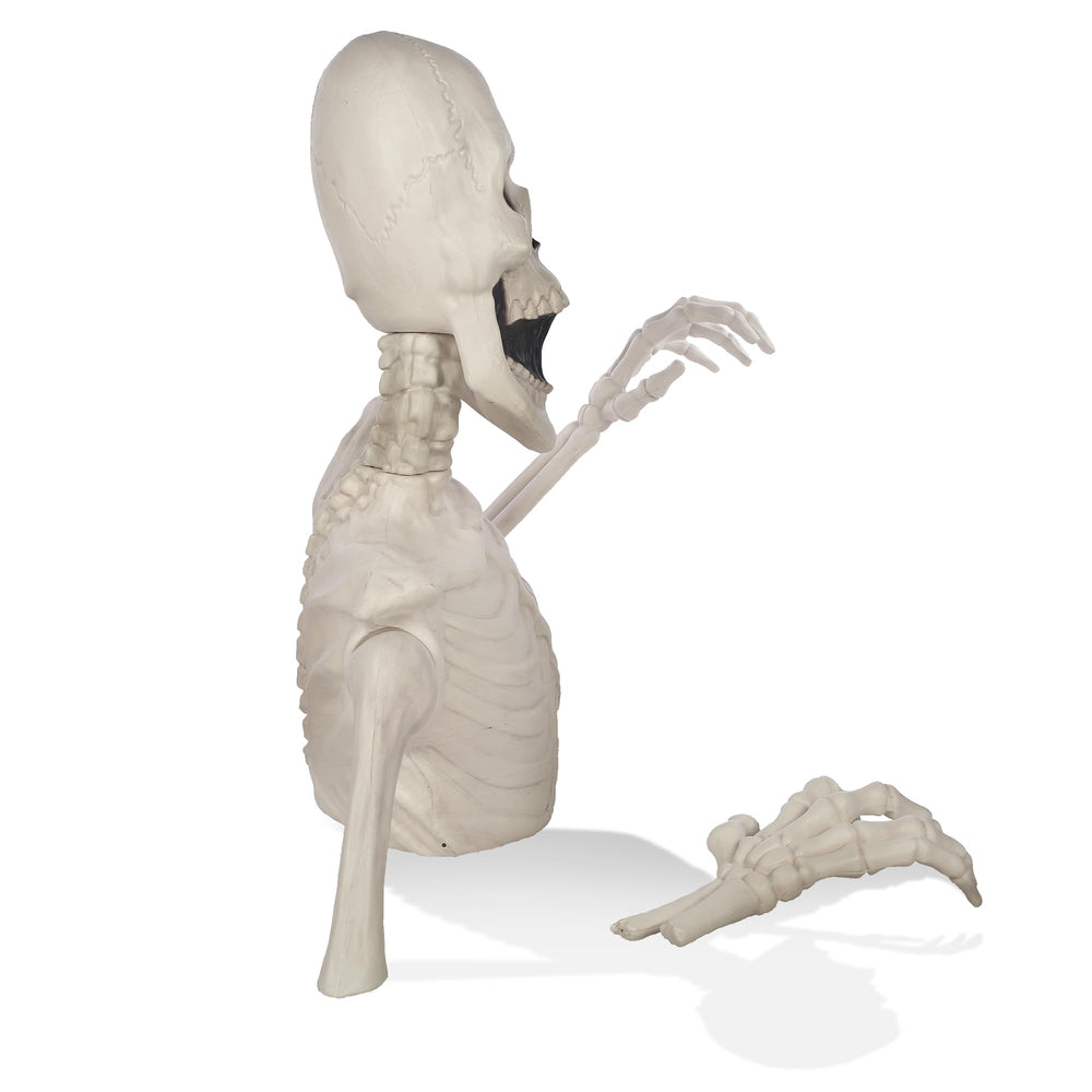BOO BOX skeleton beside pumpkins to show scale and easy integration into displays