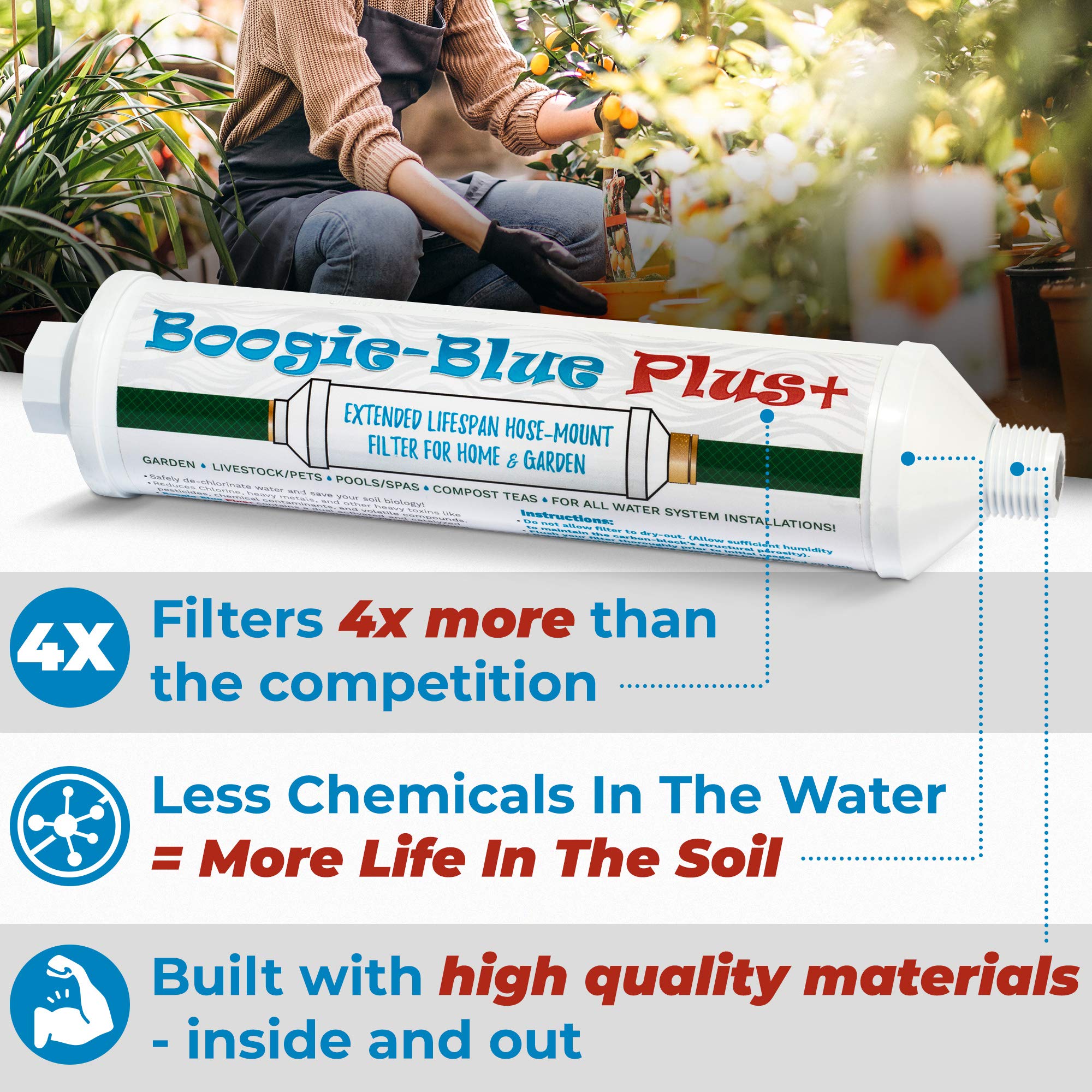 Boogie Brew Boogie Blue PLUS attached to a spigot demonstrating easy hookup and steady water flow for RVs