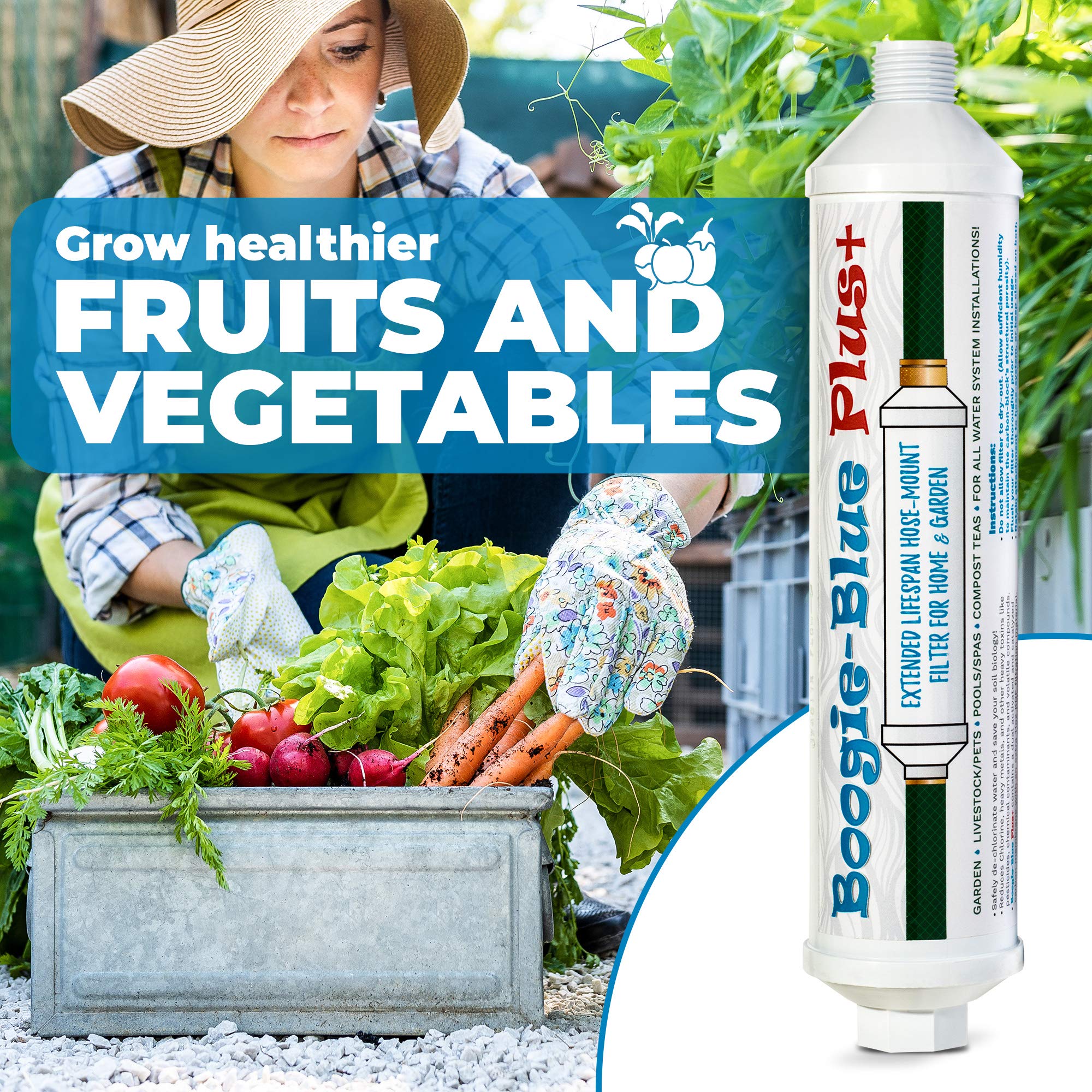 Boogie Brew Boogie Blue PLUS next to a sprinkler illustrating compact size and easy hose-line integration