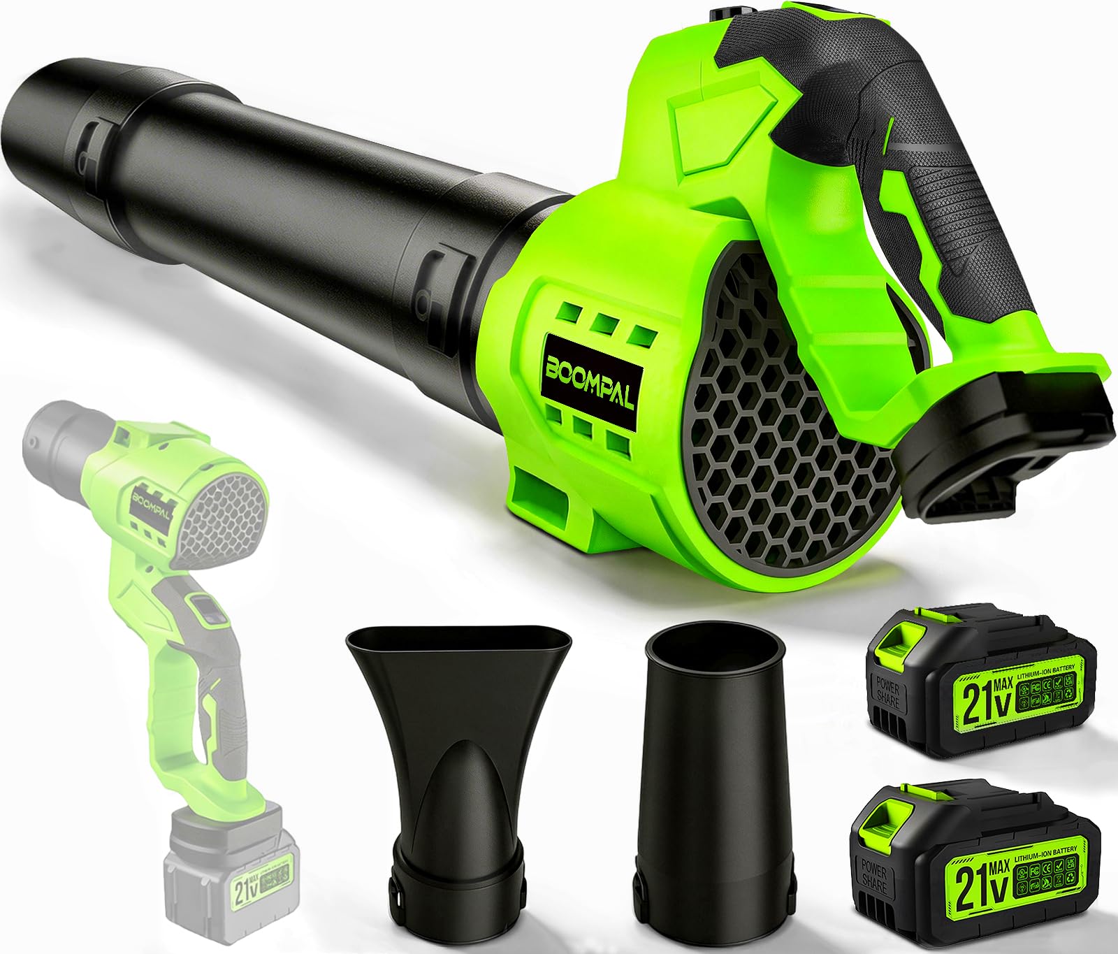 BOOMPAL front view assembled blower showing compact design and portability benefit