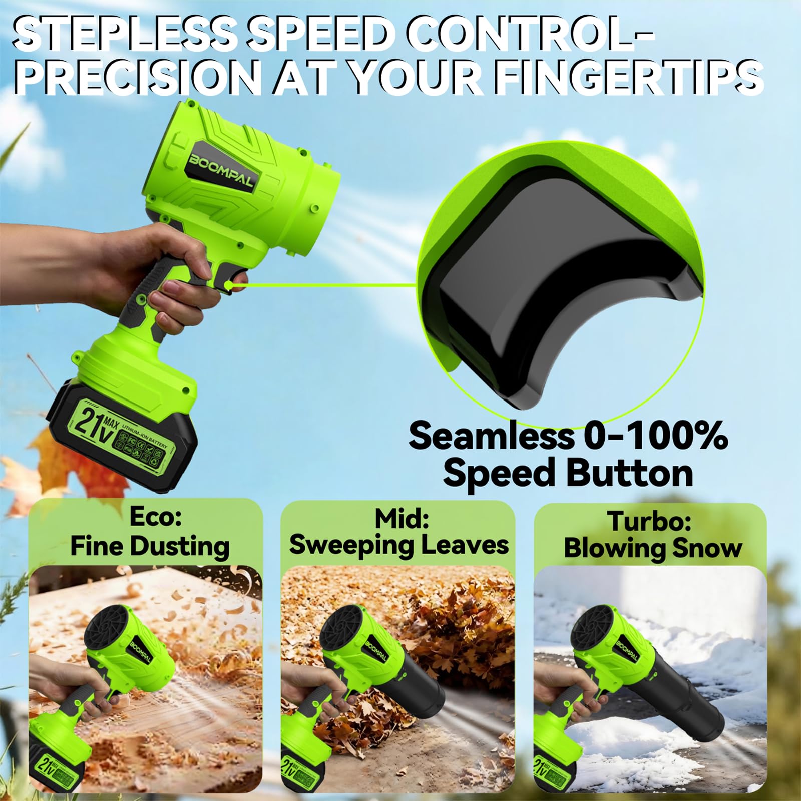 BOOMPAL interchangeable nozzles detail for focused and wide airflow versatility