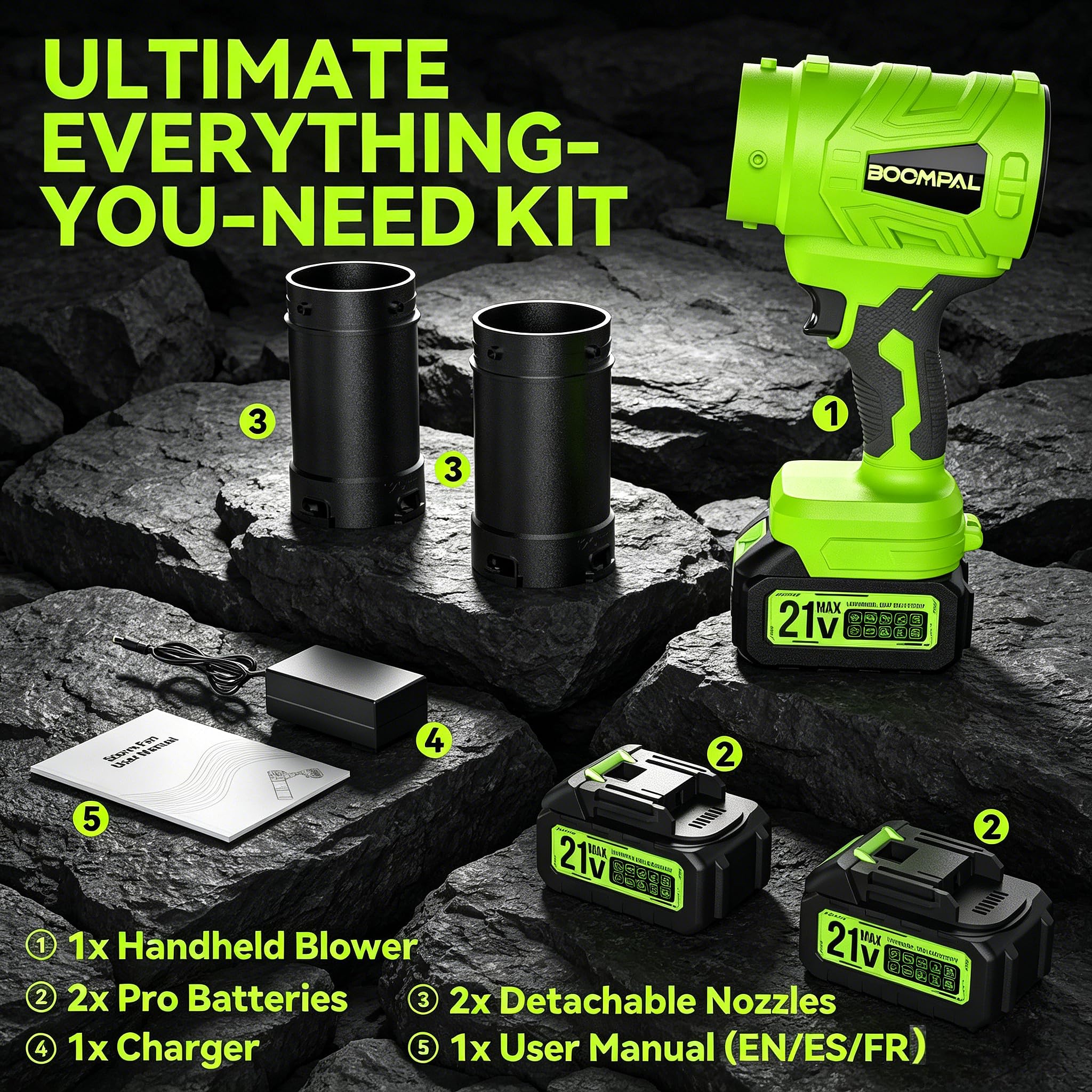 BOOMPAL box with included blower, batteries, charger, nozzles and manual