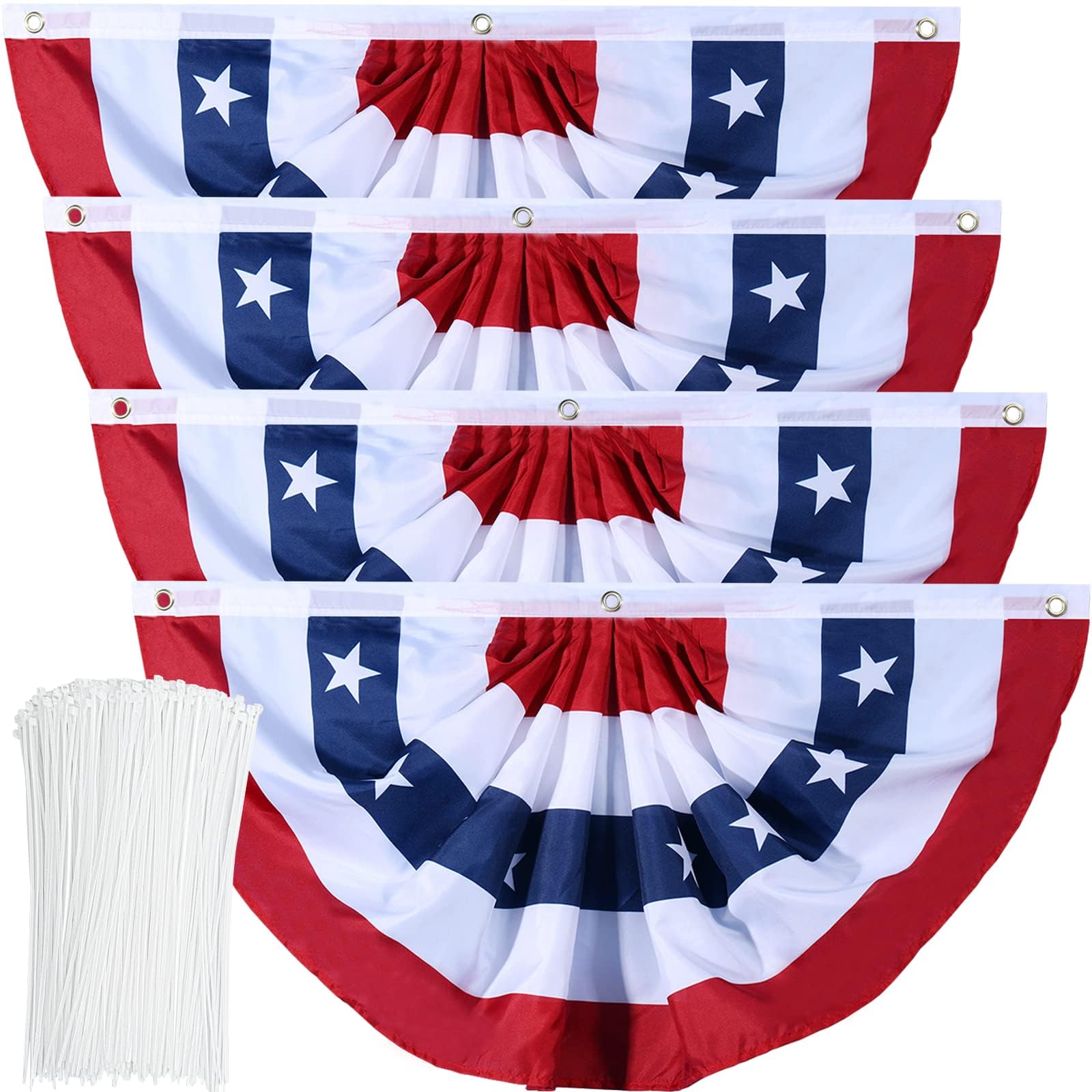 Booson front view of pleated flag bunting showing patriotic colors and neat pleats