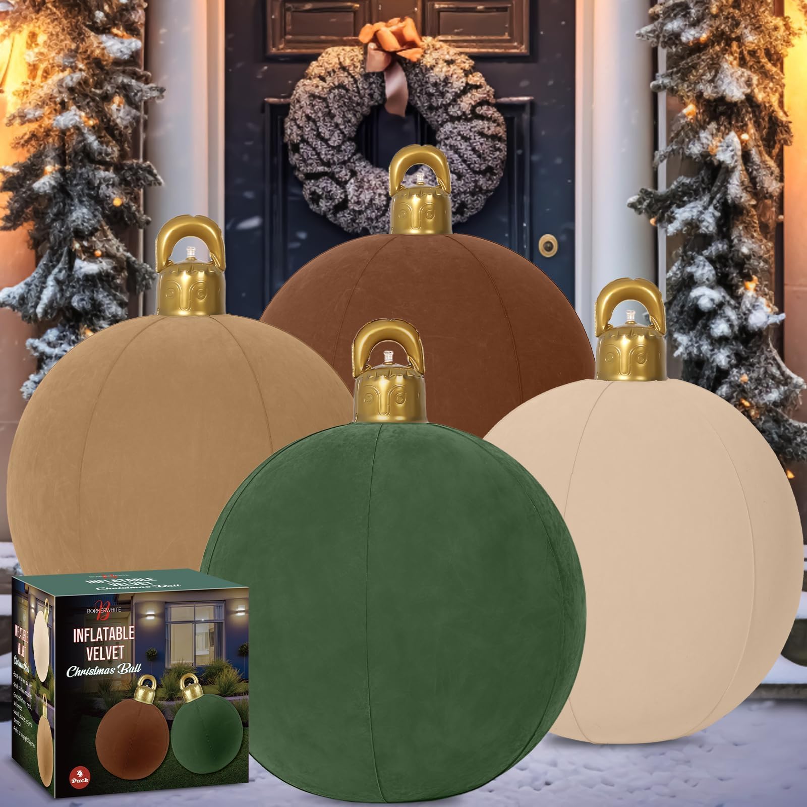 Bornerwhite front view of four 18-inch velvet inflatable balls showing colors and packaging benefit